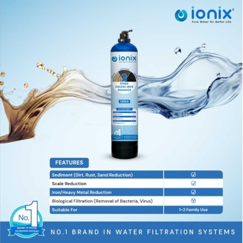 Image of Ionix Excess Iron Remover - 3-Stage Single Vessel Water Treatment System | Multiport Valve for Easy Cleaning | 13 inchx54 inch Compact Design | DIY Installation | Hard Water, Sediment, and Scaling Solution