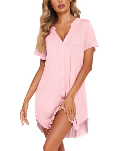 Image of Ekouaer Nightgowns for Women Button Down Night Gowns Short Sleeve Sleep Shirt V Neck Nightshirt Soft Sleepwear Pajams Dress