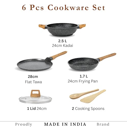 Image of Kreme CeraStone Ultra Granite Nonstick Cookware Set 6 Pieces, Kadai 2.5L, Frying Pan 1.7L, 28cm Flat Tawa, Glass Lid, 2 Cooking Spoons, Made in India, Induction Compatible, PFOA Free, Black