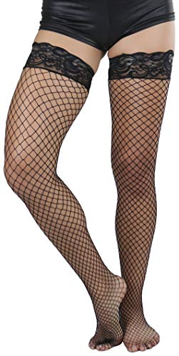 Image of ToBeInStyle Women's Wide Floral Lace Fishnet Thigh Hi Stockings