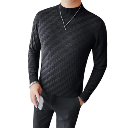 Men's Half High Collar Textured Woven Sweater Long Sleeve Slim Fit Knitted Pullover Cable Knit