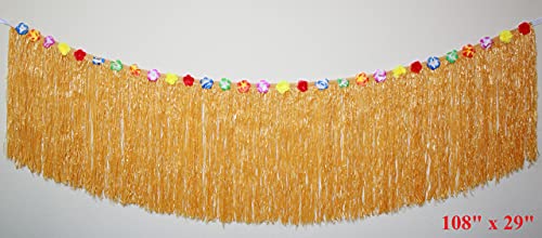 Tytroy 9Ft Reusable Grass Hibiscus Flowers Hawaiian Luau Table Skirt Set With Bonus 12 Green Tropical Palm Leaves Perfect For Tropical Theme Tiki Hula Or Moana Birthday Parties (Raffia Color) #TOP3