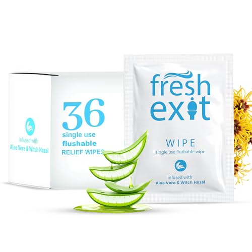 FreshExit Flushable Hemorrhoid Wipes – 36 Count – Individually Wrapped with Witch Hazel & Aloe Vera, Large Discreet Travel Wipes for Adults, Soothing & Gentle on Skin