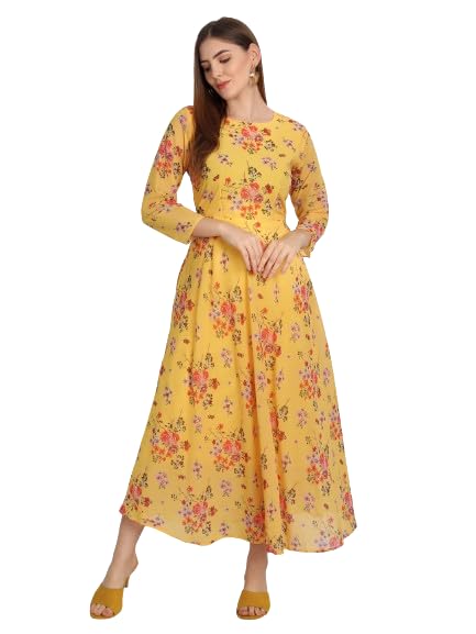 Image of Women's Floral Printed Georgette Standard Regular Fit and Flare Casual Knee Length Western Dress