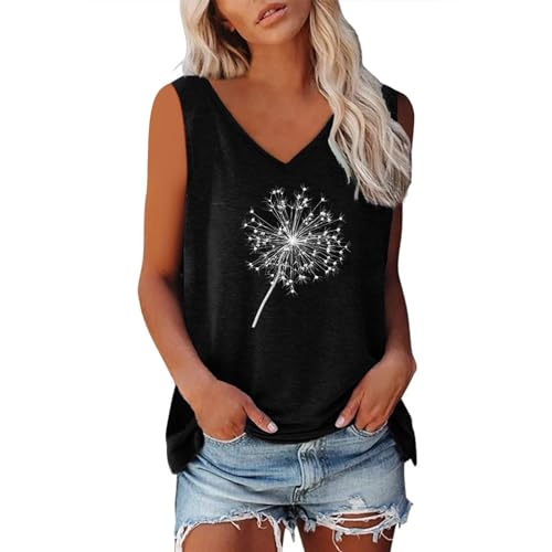 Camiseta sin mangas con estampado de diente de león para mujer, verano, sin mangas, blusa con cuello en V, camiseta básica, camiseta suelta, blusa, camiseta de tirantes, camiseta de tirantes para