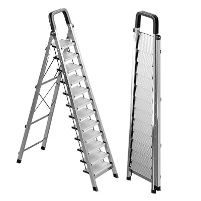 12 Step Ladder with Handrail,Folding Stainless Steel Heavy Duty Step Stool,Step Ladders with Anti-Slip Widen Aluminum Pedals,Sponge Handrail,Safe-Lock Design,Tall Kitchen/Closet Step Ladder