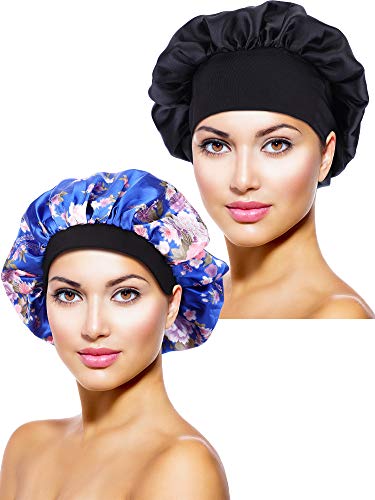 2 Piezas de Gorro de Dormir de Noche de Satén Cubierta de Cabeza para Mujeres Chicas Dormir (Negro, Flor Azul Impresa)