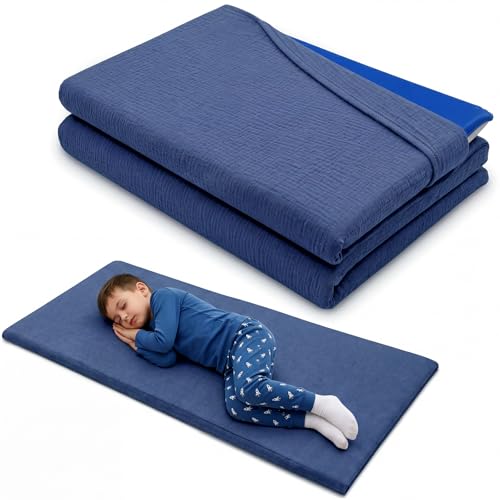 Gilprop Blue Muslin Nap Mat Cover for Kids Girls Boys in Flap Design Breathable Bedding Nap Mat Cover for Standard 45 x 19 Inch Mattress for Toddler Daycare Preschool Kindergarden