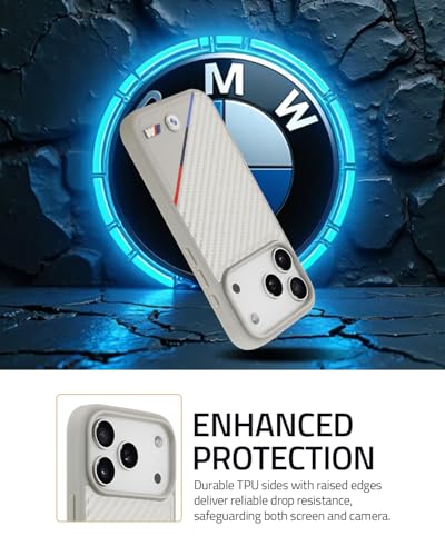 Image of CG MOBILE BMW [Official Licensed] Protective Case Designed for iPhone 17 Pro Max |Magnetic Compatible|M Collection|Pu Leather Case Carbon & Tricolor Stripe with Metal Logos -Silver