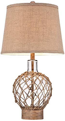 360 Lighting Modern Coastal Nautical Table Lamp 27" Tall Clear Glass Natural Rope Net Burlap Brown Fabric Drum Shade Decor for Bedroom Living Room House Home Bedside Nightstand Office Family - Image 7