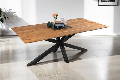 SAM Esstisch 200 x 100 cm Dean, Massivholztisch Eiche, Schweizer Kante, Esszimmertisch mit Spider-Gestell aus Metall Schwarz, pflegeleichter Holztisch