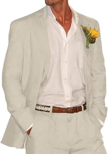 Bofan 2 Piece Linen Suits for Men Slim Fit Casual Beach Wedding Summer Grooms Groomsmen Linen Blazer Pants Suit, Beige, XS