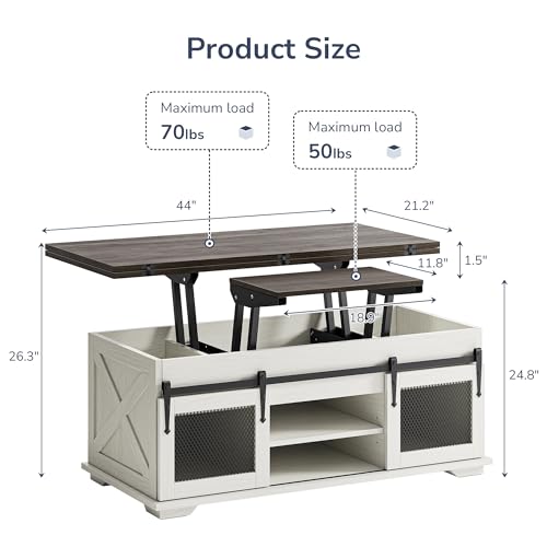 Image of BELLEZE Lift Top Coffee Table, 44 inch Farmhouse Table with Storage & Sliding Barn Doors, 3 in 1 Multi-Function Coffee Table for Living Room, Dining Reception Room, Lawson - White Sand