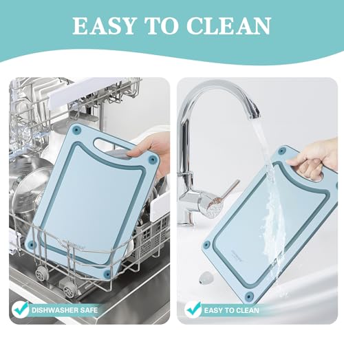 Finorder Set of 3 Sizes Cutting Boards with Easy Grip Handle and Juice Grooves, Chopping Board Non-Slip Reversible BPA-Free Dishwasher Safe for Veggies Chopping Meat, Sky Blue - Image 6