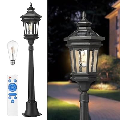 Darkaway 48inch Solar Post Lights Lamp Outdoor Light Fixture, Dusk to Dawn Aluminum Lamp Post with Remote and Pole Mount Base, Solar Path Lighting for Garden Patio Pathway