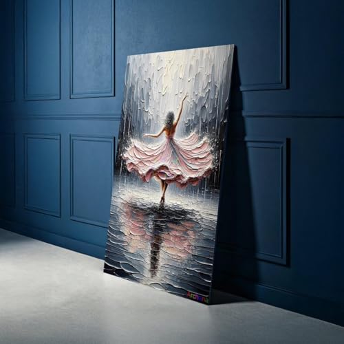 Lienzo de mujer bailando con reflejos en vestido rosa y arte abstracto de ballet fino