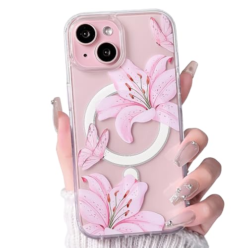 NITITOP Compatible with iPhone 13/14 Case Clear Magnetic Compatible with MagSafe Cute Lily Flowers Floral for Women Girls Hard PC Back Shockproof Protective Phone Cover - Pink