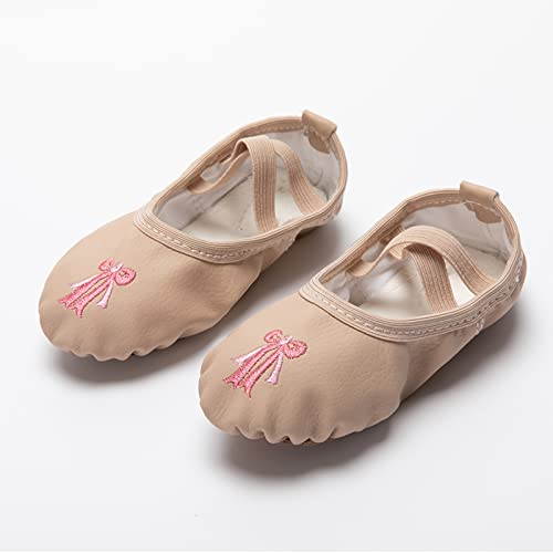 ReadJade Ballettschuhe aus Leder Ballettschläppchen Tanzschuhe Gymnastikschuh mit Ganze Ledersohle für Kinder,Schleifenstickerei,rutschfeste Falte + Wildledersohle,Kreuzgummiband,passend zum Spann Cover
