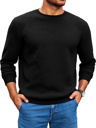 Runcati Mens Crewneck Sweatshirts Quilted Diamond Textured Pullover Long Sleeve Casual Fashion Sweatshirt