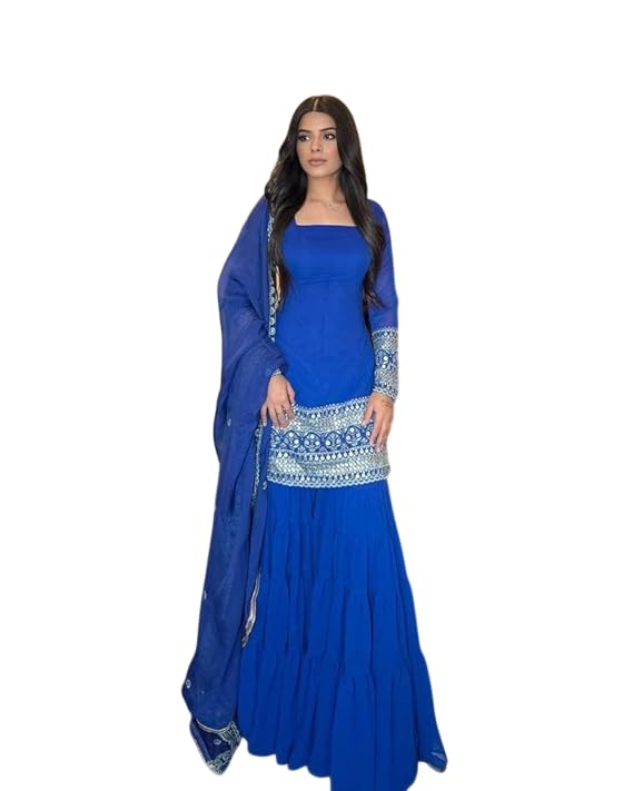 Image of Georgette Sharara Set with Embroidered Top, Royal Blue, 3-Piece Suit with Dupatta, Sequins and Cording Work