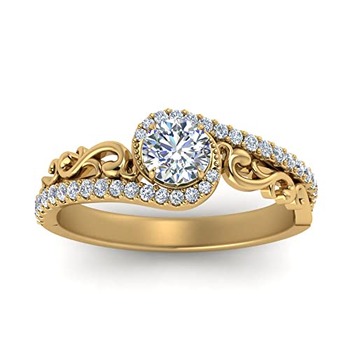 Image of Choose Your Gemstone Filigree Bypass Halo Diamond CZ Ring Yellow Gold Plated Round Shape Halo Engagement Rings Minimal Modern Design Birthday Gift Wedding Gift US Size 4 to 12
