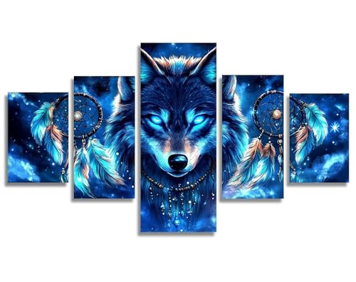 5 Piezas Sueño Diamond Painting Lobo Diamond Painting Adultos, DIY Pintura de Diamante Kit Manualidades Adultos, Creart Kit Punto de Cruz Pintura Diamante para Decoración Pared Hogar 50x30cm, Model237