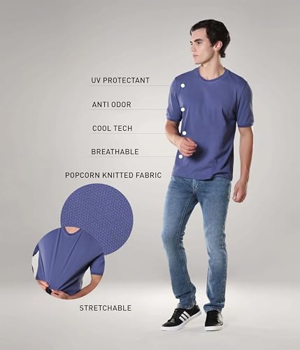Image of TURMS Men's Ice Cool Tech Round Neck T-Shirt, Odor Control, Stretchable & Breathable, Cotton Rich Fabric, Half Sleeve