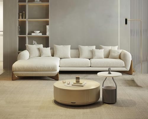 Image of Modern Off-White Boucle Upholstered Sofa Set with Stylish Wooden Legs Sofa for Living Room, Bedroom (4 Seater Sectional RHS)