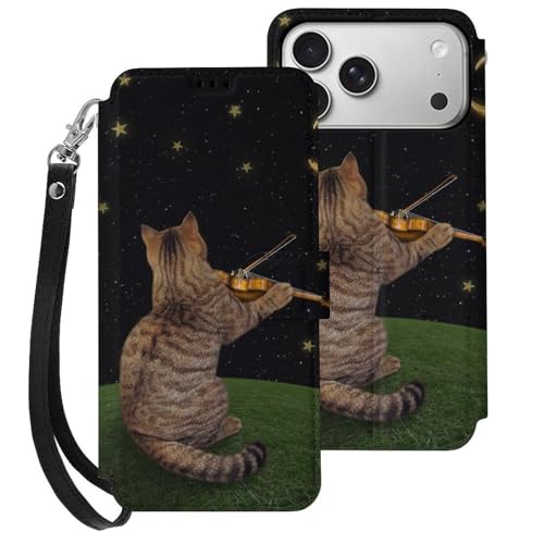 iPhone17ProMax用ケース カバー 手帳型 猫 ギーター ネコ かわいい 可愛い アイフォン17ProMax用 カード収納 ストラップ付き 落下防止 横置きスタンド機能 全面保護 Case