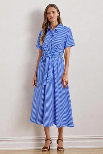 Image of Newshows Women's Work Business Casual Outfits Tie Waist Midi Shirt Dress | Lightweight & Breathable Easy-care Fabric, Side Pockets, Decent Professional Attire, Church Office Funeral Outfits