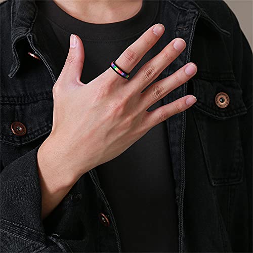 6mm Wide Square Rainbow LGBT Pride Band Rings Chuky Thick Black Enameled Stainless Steel Eternity Promise Statement Engagement Couple Rings Love is Love Finger Knuckle Rings Boyfriend Girlfriend Christmas Valentines Gifts3
