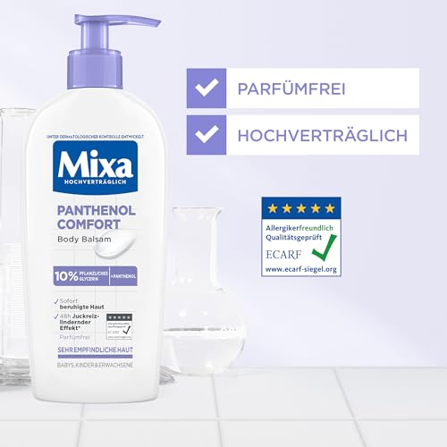Mixa Panthenol Body Lotion, juckreizlindernder und beruhigender Balsam, mit Panthenol und pflanzlichem Glycerin, für empfindliche, sensible Haut, mildert Juckreiz Mixa Panthenol Comfort, 250 ml