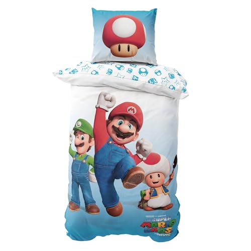 Mario Bettwäsche 135x200 + 80x80 cm weiche Microfaser Reißverschluss Super Mario & Luigi - Motiv für Kinder & Gamer-Fans atmungsaktiv & pflegeleicht