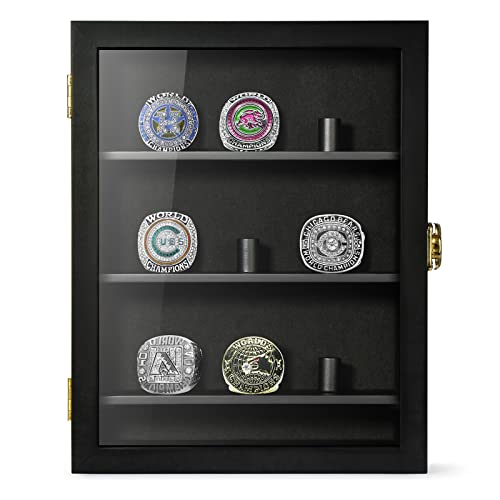 Image of TJ.MOREE Championship Ring Display Case, 9 Posts Baseball & MoreDisplay Case, 8x10 Wall Mount Wooden Glass Shadow Box with Locks - Black