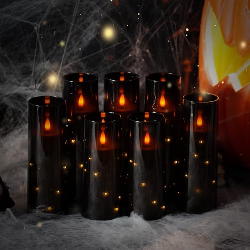 Image of Flameless Candles,with Embedded Star String, Battery Operated Candles Flickering LED Pillar Candles with Remote Control and Timer, Home Decoration Add a Warm and Romantic Atmosphere,Set of 7 (Black)