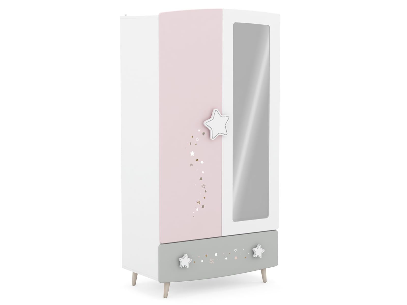 möbelando Prinzessin Kinder Kleiderschrank mit Himmelssternen und Ganzkörperspiegel, 2 Türen, 1 Schubkasten, 2 Kleiderstangen, Massivholzfüße - 89x185x50 cm (B/H/T), Rosa/weiß/grau #einfach zuckersüß