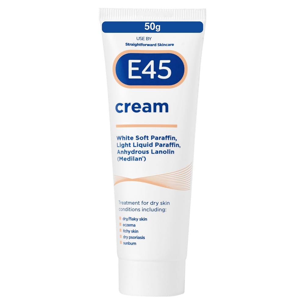 E45 Cream 50 g – Moisturiser for Dry Skin and Sensitive Skin - Emollient Body Cream to Soothe Dry and Irritated Skin - Itchy Skin, Eczema Cream - Perfume-Free Face Cream and Non-Greasy Hand Cream