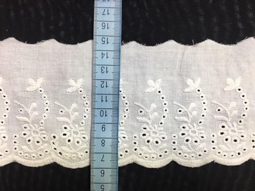 Image of PCJS- White Cotton Schiffli Lace Trim - Wide, Scalloped Embroidered Eyelet Border - Soft & Breathable - Ideal for Sewing, Dresses, Baby Clothes & Crafts (10 Meter)
