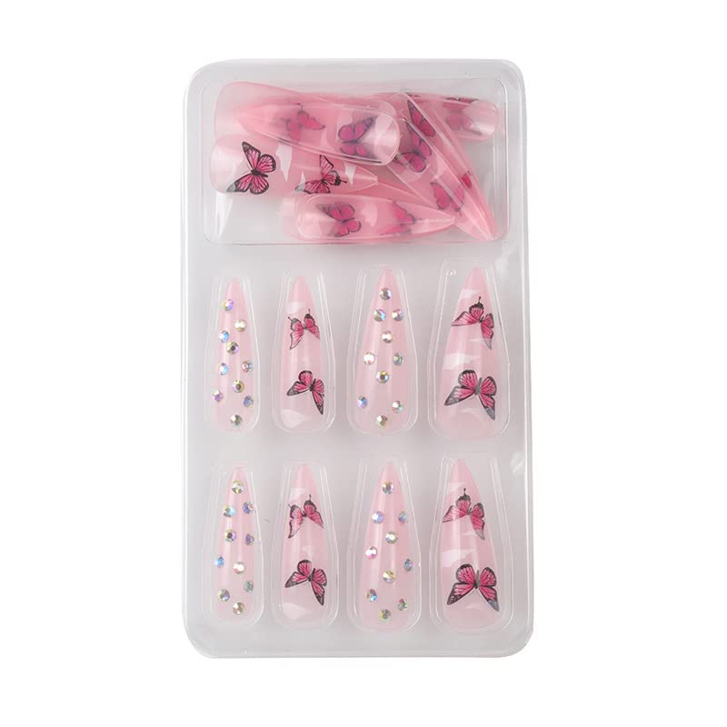 Miniatura 5 de VEDAR VEDAR-LA001 - Uñas postizas a presión con diamantes de imitación 3D, uñas postizas largas rosas para mujeres, uñas postizas a presión con