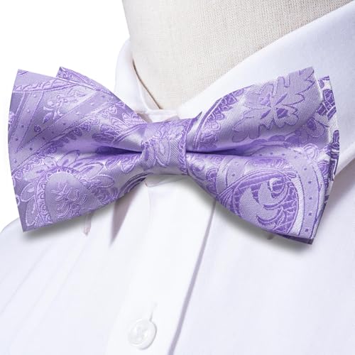 Image of Hi-Tie Bow Tie Men Pre Tied Bowtie Pocket Square Cufflinks Lapel Pin Formal Wedding Bow Ties for Men Party Tuxedo Bowtie Set,Lavender Purple Paisley Floral