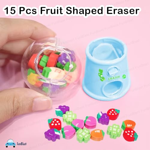 Image of FunBlast Machine Eraser Set - 15 Pcs Fruit Shaped Eraser Dispenser Toy, Mini Kawaii Erasers for Kids, Fancy Erasers for School & Office, Stationery Supplies, Birthday Return Gift for Kids (Blue)