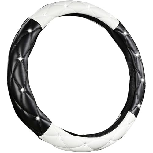 Amuahua Car Steering Wheel Cover, 38CM/15 Universal PU Leather DAD Cystal Diamond Steering Wheel Cover Four Seasons Steering Cover for Women & Girl(Black&White)