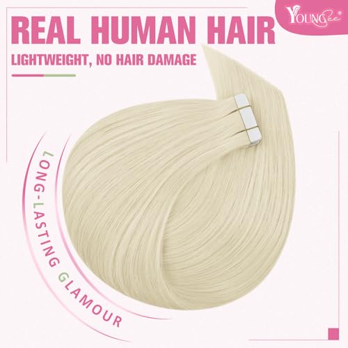 YoungSee Blonde Tape Hair Extensions Real Human Hair Platinum Blonde Tape in Hair Extensions Invisible Tape-in Extensions Tapes for Women 22In 20pcs 50g - Image 2