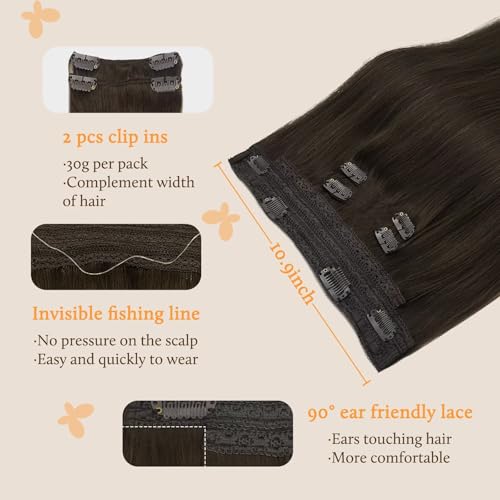 Image of DOORES Wire Hair Extensions, Light Dark Brown 20 Inch 110g Fish Line Weft Extensions and 2pcs 30g Clip ins, 140g Invisible Wire Real Remy Human Weft Straight Transparent Seamless Hairpiece
