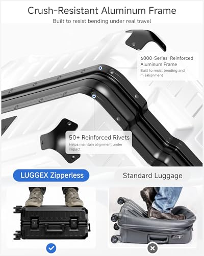 Image of LUGGEX Carry On Luggage with Spinner Wheels, 8010S Aluminum Frame Zipperless Polycarbonate Hard Shell Suitcase (ZX-Core, Black, 21 Inch)