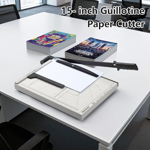 Image of 15 inch Guillotine Paper Cutter: Worklion Precision Paper Trimmer with Safety Lock,15 Sheet Capacity, Thickened Metal Based Cutting Board for Crafting Cardstock Photos Laminatedsheets in Class /Office