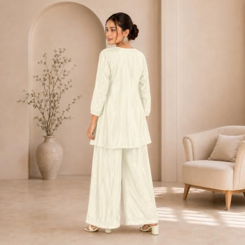 Image of Embroidered Sharara Set for Women | Roman Silk Short Kurta with Flared Sharara Pants | Designer Festive Ethnic Wear Suit Set for Weddings, Sangeet & Celebrations