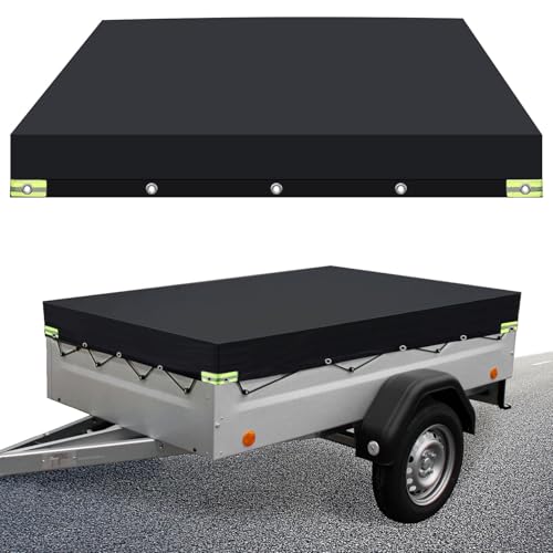 Goviox Lona para Remolque, 208x114x13cm Lona para Plana, Plana con Cuerda 8M, Bandas Reflectantes, 600D PVC Material, Impermeable, Remolques para Varios Automóviles 750kg (Negro)