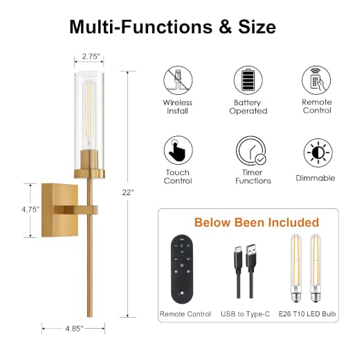 Image of Wireless Wall Sconces with Remote Control, Brushed Gold Battery Operated Wall Sconce Set of 2, Dimmable Rechargeable Wall Decor Lights for Living room Dining room Bathroom Bedroom Hallway Stairwell