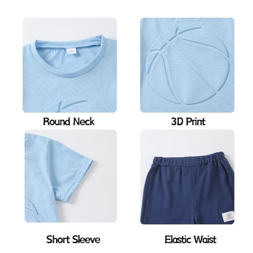 Image of Boys 2 Piece Outfits Short Sleeve Basketball Pattern T-Shirt and Shorts Summer Clothes for Kids 5-12 Years